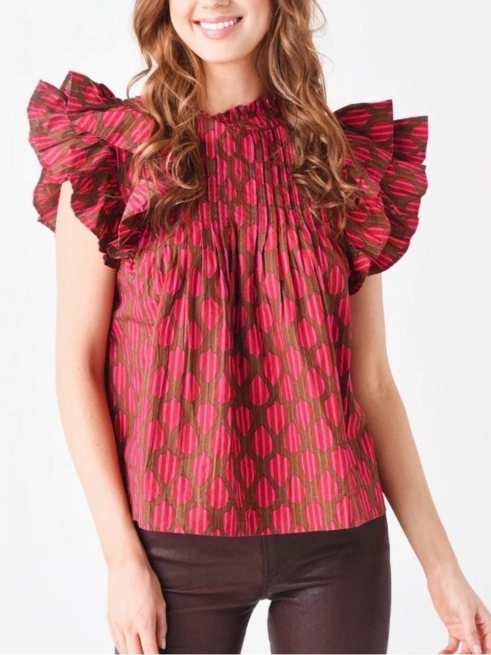 Oliphant Pink and Brown Ruffle Sleeve Blouse
